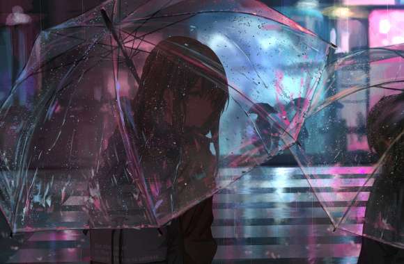 4K Ultra HD Anime Girl in Rainy Night Scenery Wallpaper