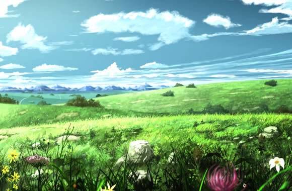 4K Ultra HD Anime Mountain Flower Scenery Wallpaper