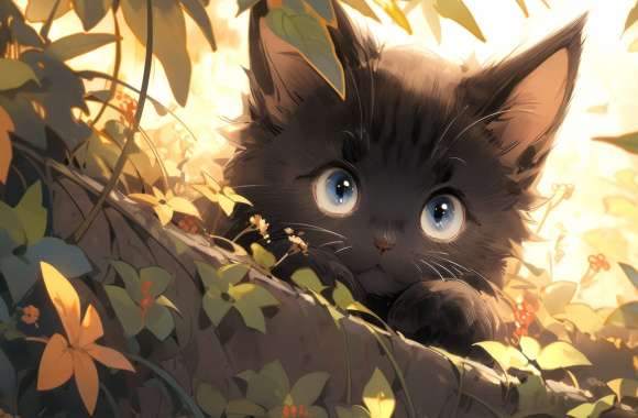 Adorable Black Cat in Autumn Leaves