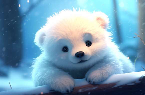 Adorable Fluffy Polar Bear Cub in Snowy Landscape