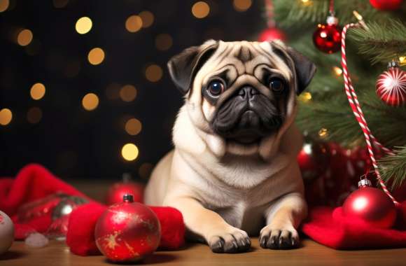 Adorable Pug Dog Christmas Wallpaper HD