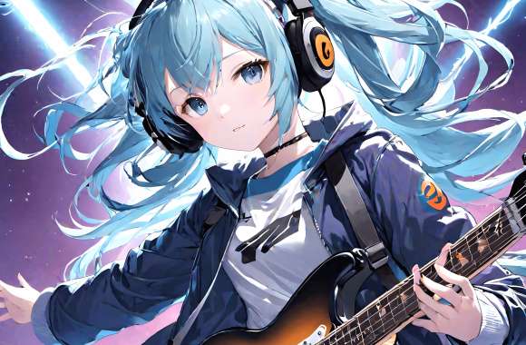 AI Art Anime Girl Guitar Music Headphones Anime Girl