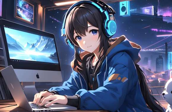 AI Art Anime Girl Headphones Night City Dog Anime Girl