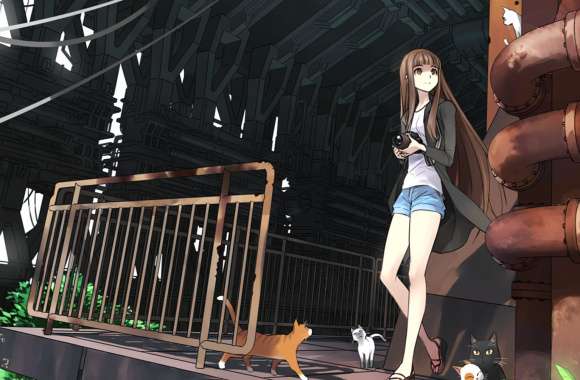 Anime Girl and Cats in Ruins