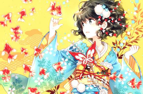 Anime Girl in Kimono with Fish -