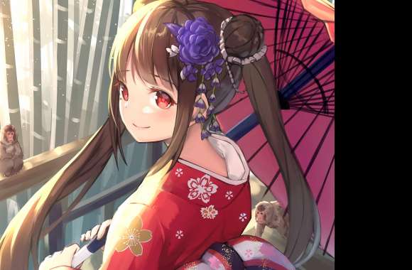 Anime Girl in Kimono with Monkeys -