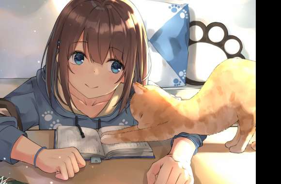 Anime Girl Reading with Cat -