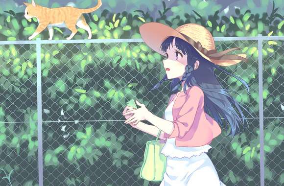 Anime Girl with Braid and Cat -