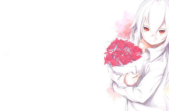 Anime Original White-Haired Beauty with Flowers