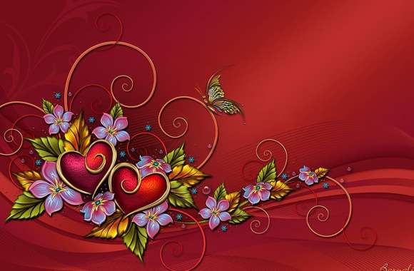 Artistic Red Butterfly and Heart Flower