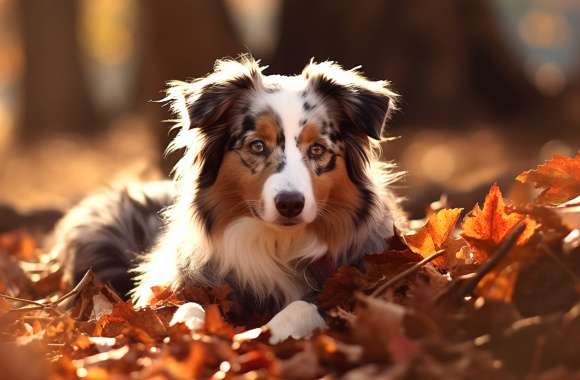 Australian Shepherd in Autumn Leaves