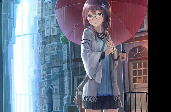 Bag Long Hair Yellow Eyes Umbrella Rain Flower Glasses Brown Hair Anime Original