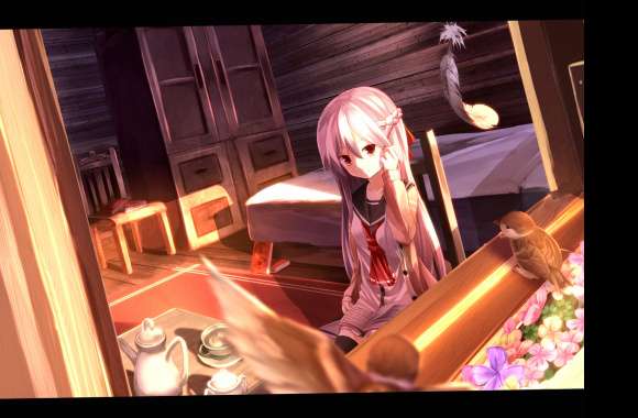 Bed Chair School Uniform Bow (Clothing) Smile Flower Tea Tea Cup Bird Sparrow Red Eyes White Hair Long Hair Book Anime Original Wallpaper