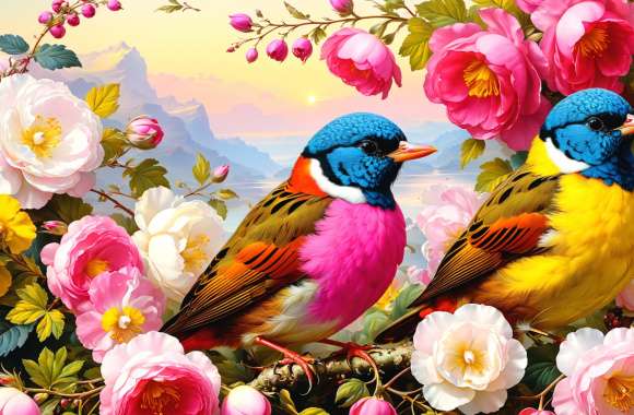 Birds flowers nature illustration roses finches whimsical bright colors digital art