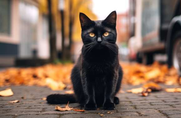 Black Cat Amidst Autumn Leaves