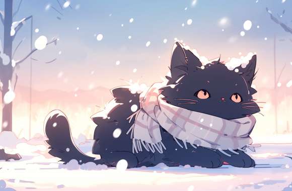 Black Cat in Snowy Winter Wonderland