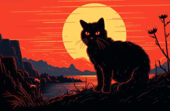 Black Cat Sunset Silhouette