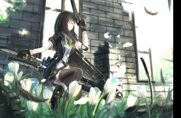 Black Hair Long Hair Weapon Katana Flower Anime Original