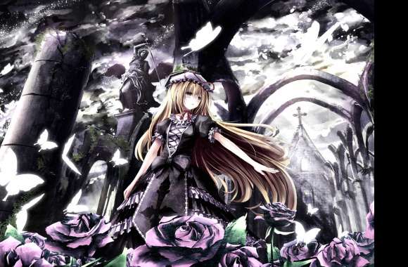 Blonde Bow (Clothing) Video Game Fantasy Butterfly Bow Black Dress Hat Flower Long Hair Yukari Yakumo Anime Touhou wallpapers hd quality