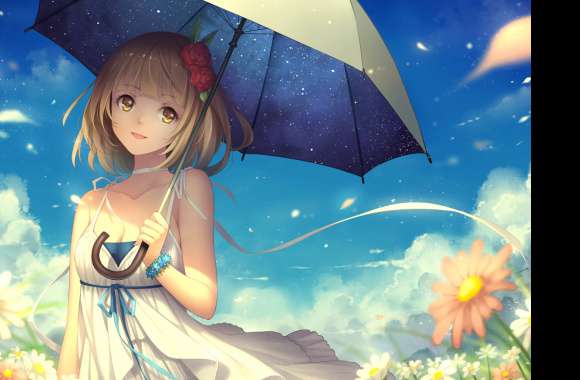 Blonde Short Hair Yellow Eyes Dress Field Flower Umbrella Anime Original