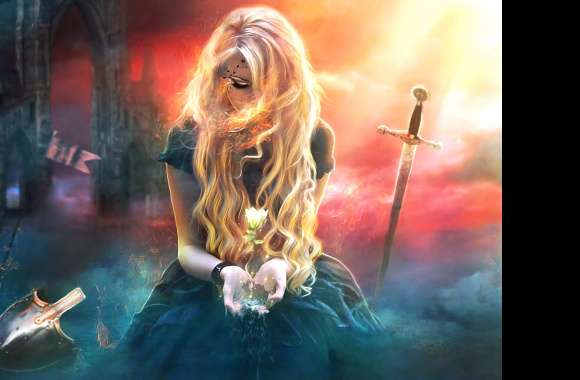Blonde Sorceress Enchanted Flower & Sword - HD Fantasy Wallpaper