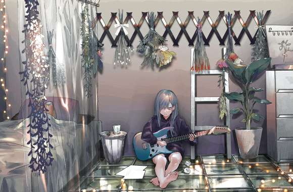 Blue-Haired Guitarist in Cozy Bedroom -