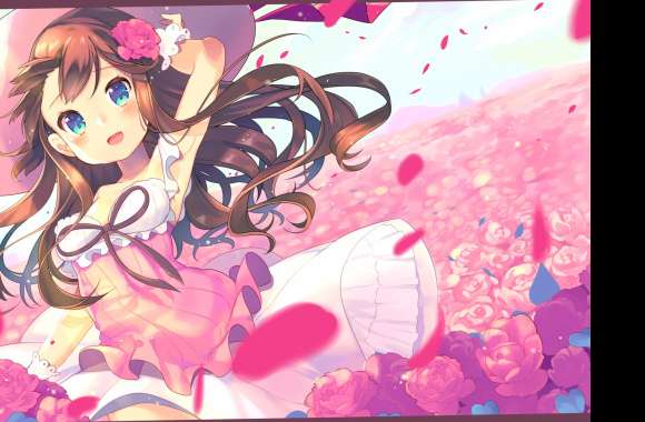 Blue Eyes Hat Flower Brown Hair Long Hair Anime Girl Anime Girl