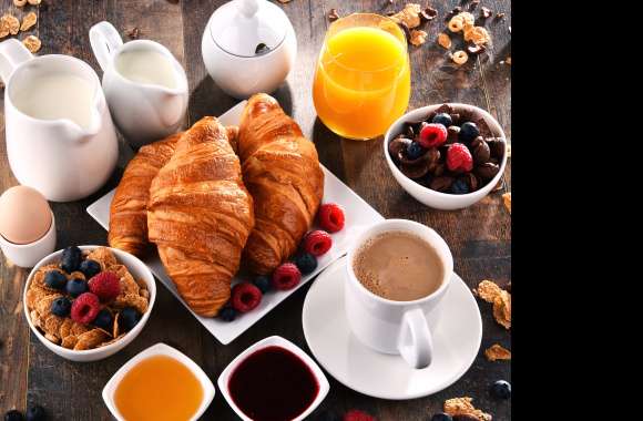 Blueberry Raspberry Berry Muesli Fruit Viennoiserie Croissant Juice Cup Coffee Milk Still Life Food Breakfast