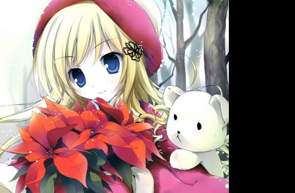 Blush Smile Hat Snow Teddy Bear Flower Blue Eyes Blonde Long Hair Anime Girl Anime Girl wallpapers hd quality