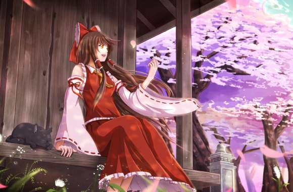 Brown Eyes Smile Cat Japanese Clothes Cherry Blossom Tree Brown Hair Long Hair Reimu Hakurei Anime Touhou Wallpaper wallpapers hd quality