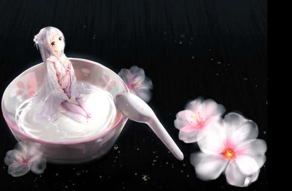 Brown Eyes White Hair Dress Flower Spoon Cup Anime Original