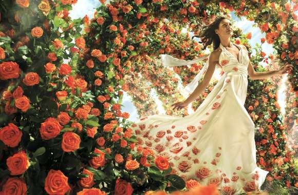 Brunette Beauty in White Dress HD Floral Dream Wallpaper