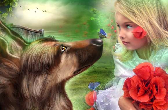 Butterfly Dog Flower Little Girl Spring Fantasy Child