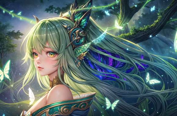 Butterfly Girl Anime Forest Green Hair Butterfly