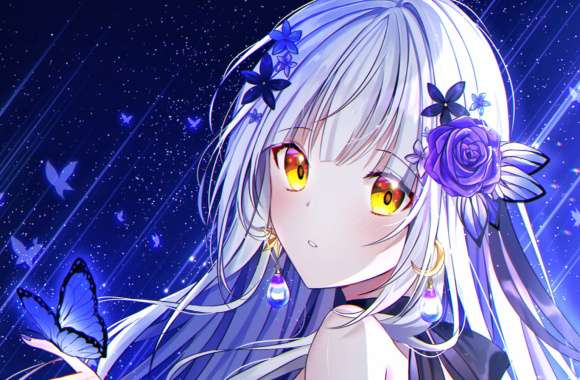 Butterfly Rose Flower Yellow Eyes Long Hair White Hair Anime Original