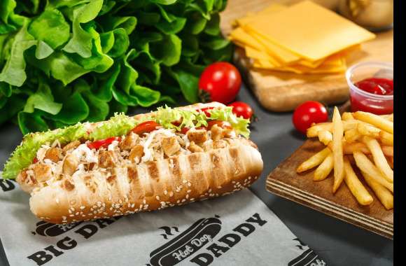 Cheese French Fries Tomato Lettuce Still Life Food Hot Dog