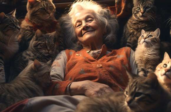 Cherished Moments Grandmother with Cats AI Art