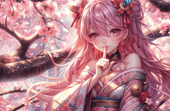 Cherry Blossom Pink Hair Kimono Anime Anime Girl