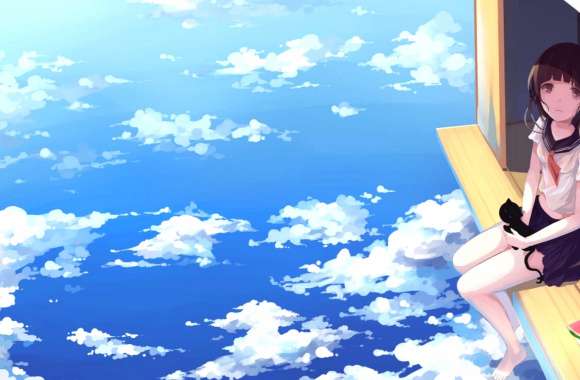 Cloud Sky Black Hair Purple Eyes Long Hair School Uniform Cat Watermelon Anime Original