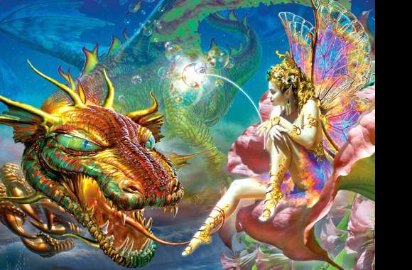 Colorful Fantasy Gold Dragon & Fairy
