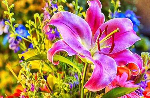 Colorful Pink Lily Painting Artistic Flower