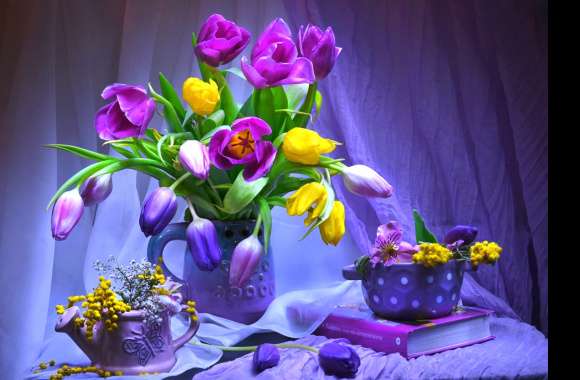 Colorful Tulip Still Life of Purple and Yellow Blooms
