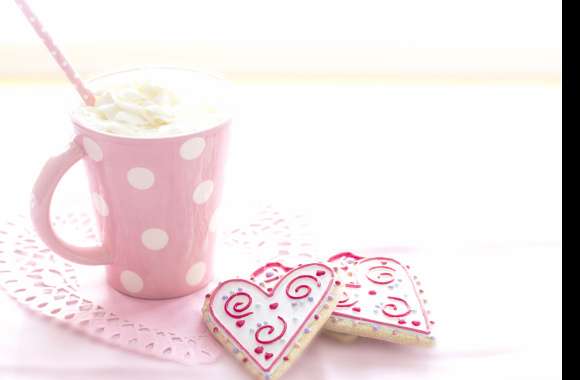 Cream Pink Heart-shaped Cookie Drink Food Hot Chocolate