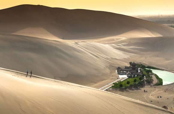 Crescent Lake Pagoda Gobi Desert Nature Desert wallpapers hd quality