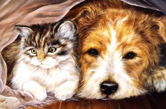 Cuddle Cat Dog Artistic Painting wallpapers hd quality