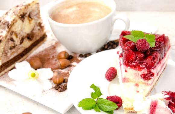 Cup Coffee Raspberry Cake Pastry Food Dessert wallpapers hd quality