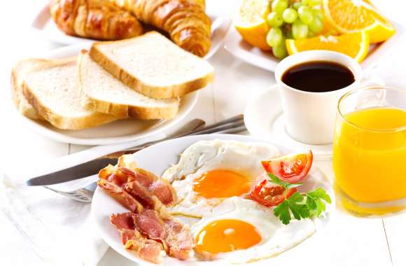 Cup Croissant Egg Fruit Coffee Juice Bread Bacon Food Breakfast