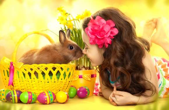 Cute Flower Easter Egg Basket Bunny Little Girl Holiday Easter