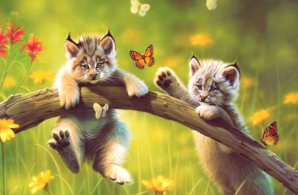 Cute Lynx Cubs and Butterflies