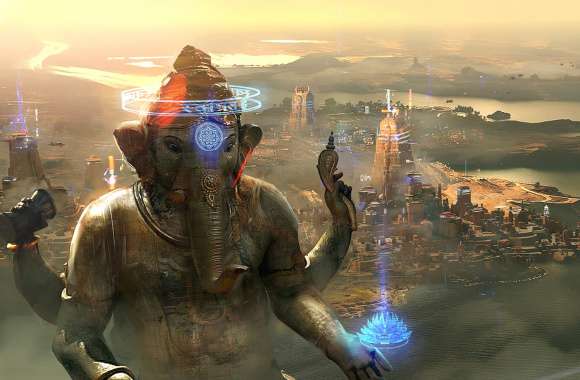 Cyberpunk Ganesh in Futuristic City -